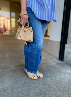 Ballerina leder camel met zilveren ronde studs | DELSCHER. Fashion