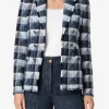 Blazer denim ruit marine blauw wit met gerafelde afwerking | DELSCHER. Fashion