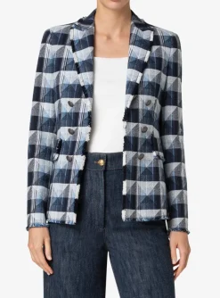 Blazer denim ruit marine blauw wit met gerafelde afwerking | DELSCHER. Fashion