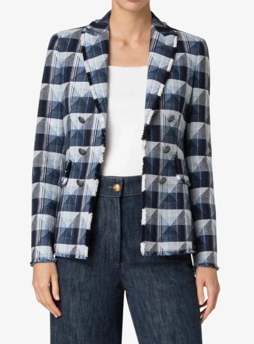 Blazer denim ruit marine blauw wit met gerafelde afwerking | DELSCHER. Fashion