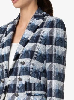 Blazer denim ruit marine blauw wit met gerafelde afwerking | DELSCHER. Fashion