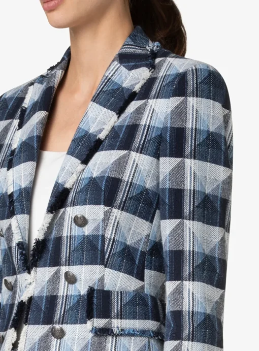 Blazer denim ruit marine blauw wit met gerafelde afwerking | DELSCHER. Fashion