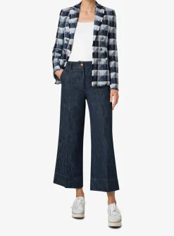 Blazer denim ruit marine blauw wit met gerafelde afwerking | DELSCHER. Fashion