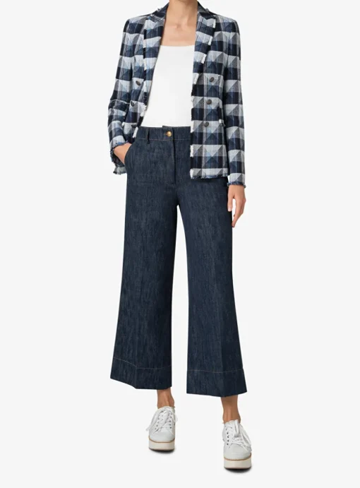 Blazer denim ruit marine blauw wit met gerafelde afwerking | DELSCHER. Fashion