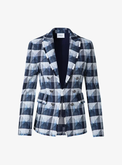 Blazer denim ruit marine blauw wit met gerafelde afwerking | DELSCHER. Fashion