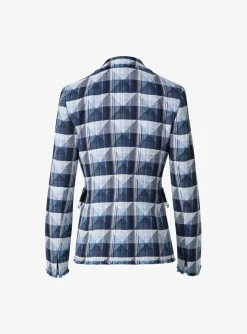 Blazer denim ruit marine blauw wit met gerafelde afwerking | DELSCHER. Fashion