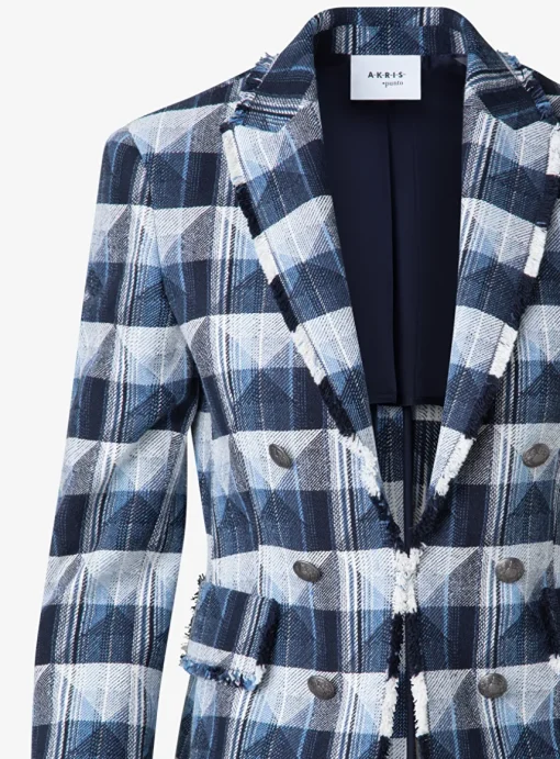 Blazer denim ruit marine blauw wit met gerafelde afwerking | DELSCHER. Fashion