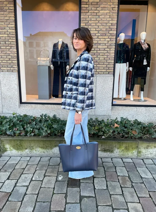 Blazer denim ruit marine blauw wit met gerafelde afwerking | DELSCHER. Fashion