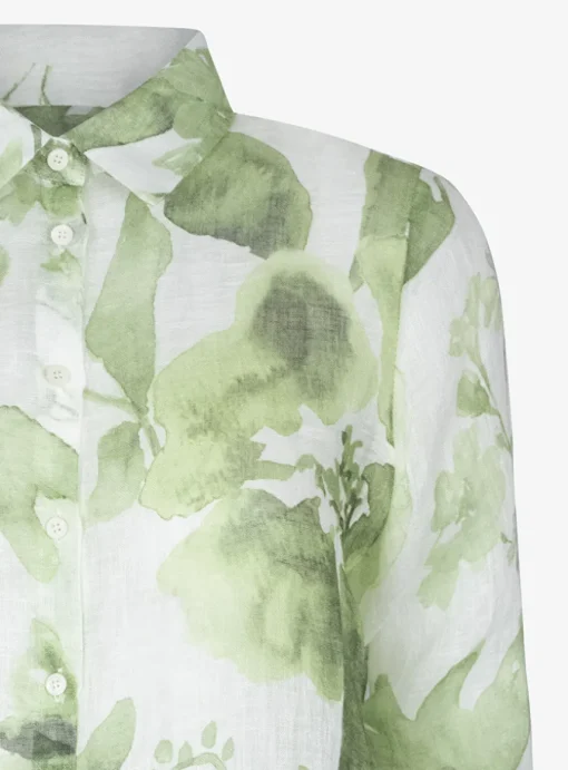 Blouse carmen wit groen bladerdessin linnen | DELSCHER. Fashion