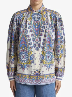 Blouse creme met blauw dessin | DELSCHER. Fashion