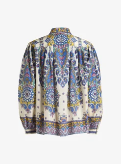 Blouse creme met blauw dessin | DELSCHER. Fashion