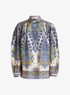 Blouse creme met blauw dessin | DELSCHER. Fashion
