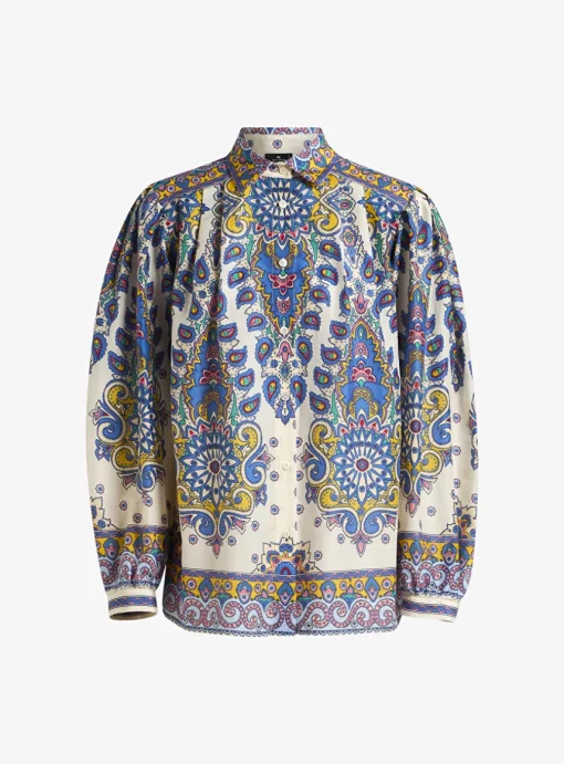 Blouse creme met blauw dessin | DELSCHER. Fashion