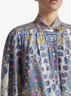 Blouse creme met blauw dessin | DELSCHER. Fashion