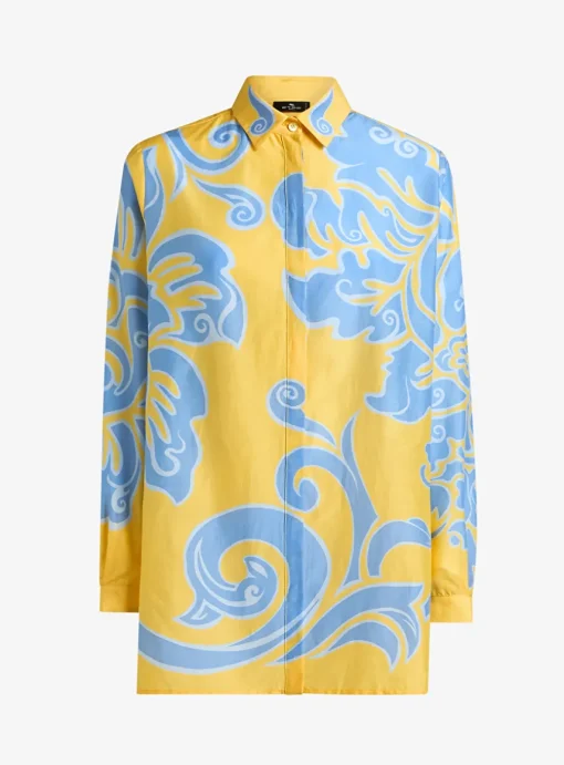 Blouse geel licht blauw dessin | DELSCHER. Fashion
