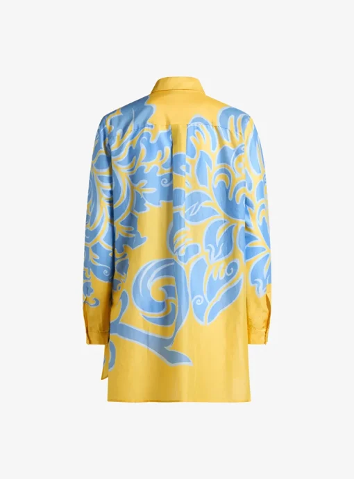 Blouse geel licht blauw dessin | DELSCHER. Fashion