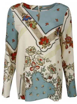 blouse lm offwhite met lichtblauw bloemprint | DELSCHER. Fashion