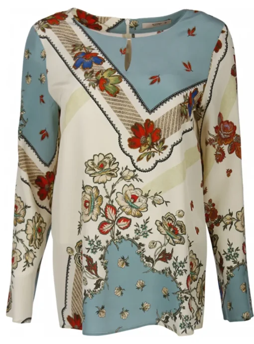 blouse lm offwhite met lichtblauw bloemprint | DELSCHER. Fashion