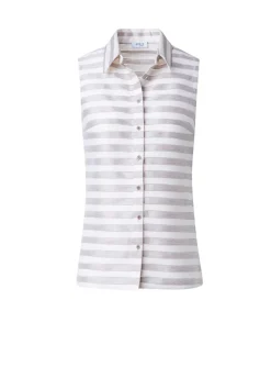 Blouse mouwloos beige wit streep opengewerkt | DELSCHER. Fashion