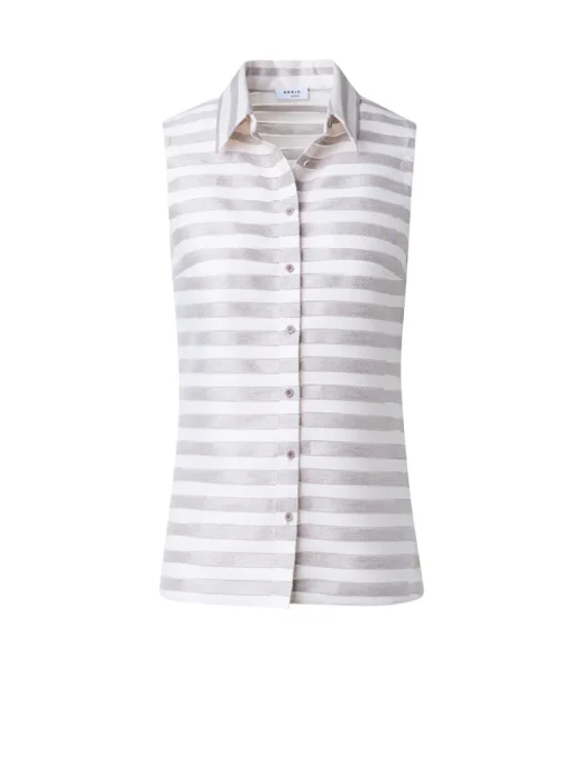 Blouse mouwloos beige wit streep opengewerkt | DELSCHER. Fashion