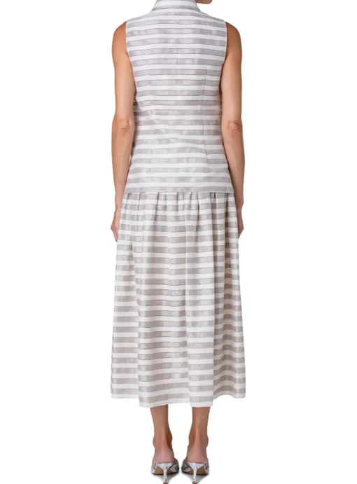 Blouse mouwloos beige wit streep opengewerkt | DELSCHER. Fashion