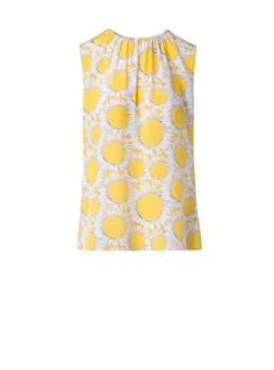Blouse mouwloos geel wit zonnebloem dessin | DELSCHER. Fashion