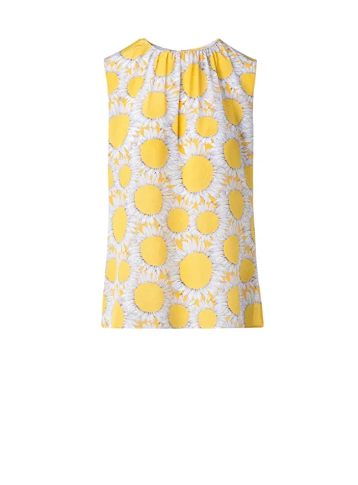 Blouse mouwloos geel wit zonnebloem dessin | DELSCHER. Fashion