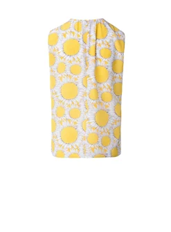 Blouse mouwloos geel wit zonnebloem dessin | DELSCHER. Fashion