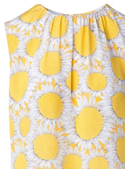 Blouse mouwloos geel wit zonnebloem dessin | DELSCHER. Fashion