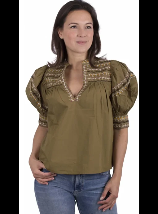 Blouse Noam broderie kaki lila zwart wit oranje | DELSCHER. Fashion