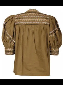 Blouse Noam broderie kaki lila zwart wit oranje | DELSCHER. Fashion