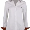 Blouse wit met logo Pegasus en paisley manchet | DELSCHER. Fashion