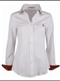 Blouse wit met logo Pegasus en paisley manchet | DELSCHER. Fashion