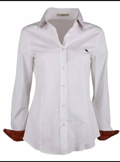 Blouse wit met logo Pegasus en paisley manchet | DELSCHER. Fashion
