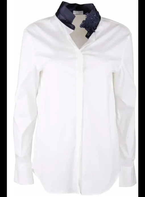 Blouse wit met marine | DELSCHER. Fashion