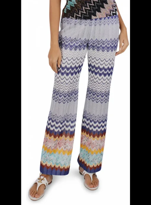 Broek zigzag dessin blauw, geel, bruin, groen | DELSCHER. Fashion