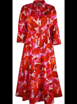 Jurk blad dessin rood, roze, beige | DELSCHER. Fashion