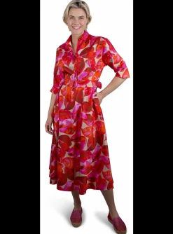 Jurk blad dessin rood, roze, beige | DELSCHER. Fashion