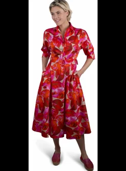 Jurk blad dessin rood, roze, beige | DELSCHER. Fashion
