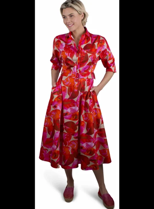 Jurk blad dessin rood, roze, beige | DELSCHER. Fashion