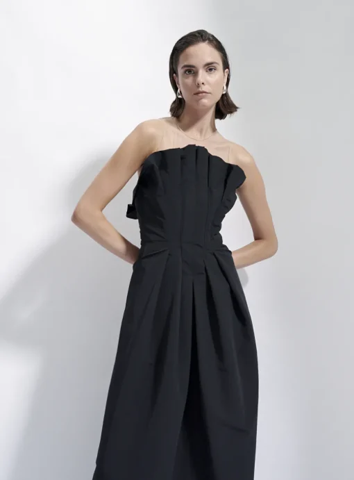 Jurk cannes maxi zwart technisch katoen strapless | DELSCHER. Fashion
