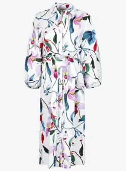 Jurk capri wit bloem dessin ceintuur en ballonmouw | DELSCHER. Fashion