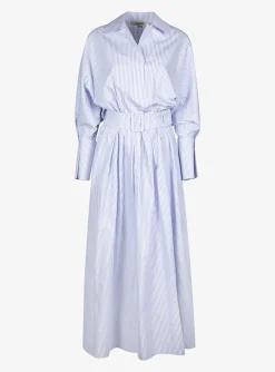 Jurk circee streep wit lichtblauw met geplooide rok | DELSCHER. Fashion