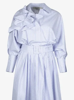 Jurk circee streep wit lichtblauw met geplooide rok | DELSCHER. Fashion