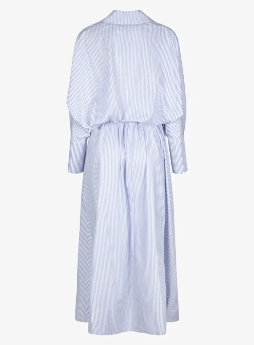 Jurk circee streep wit lichtblauw met geplooide rok | DELSCHER. Fashion