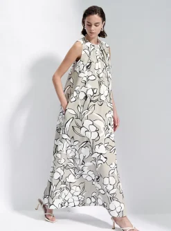 Jurk coltan beige wit bloemendessin | DELSCHER. Fashion