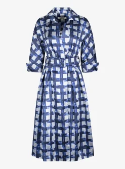 Jurk couture Celena zilvergrijs blauw dessin | DELSCHER. Fashion