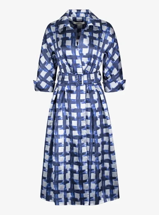Jurk couture Celena zilvergrijs blauw dessin | DELSCHER. Fashion