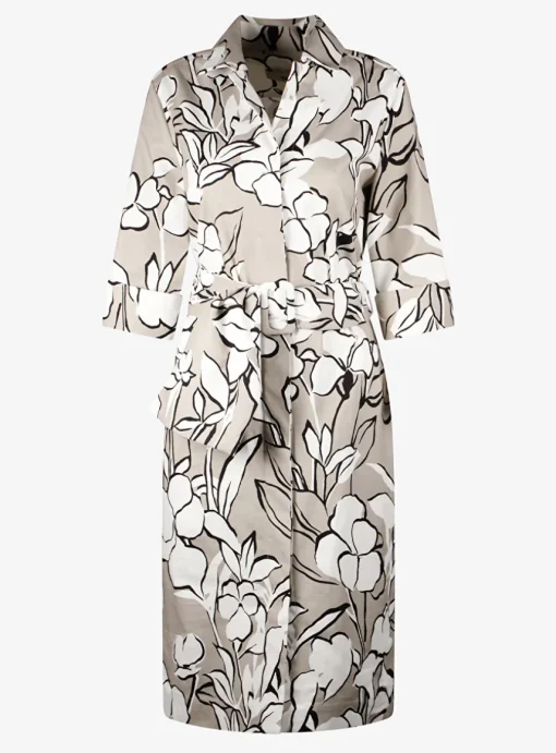 Jurk croatie greige met wit zwart bloem dessin | DELSCHER. Fashion
