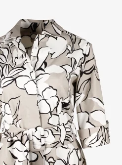 Jurk croatie greige met wit zwart bloem dessin | DELSCHER. Fashion